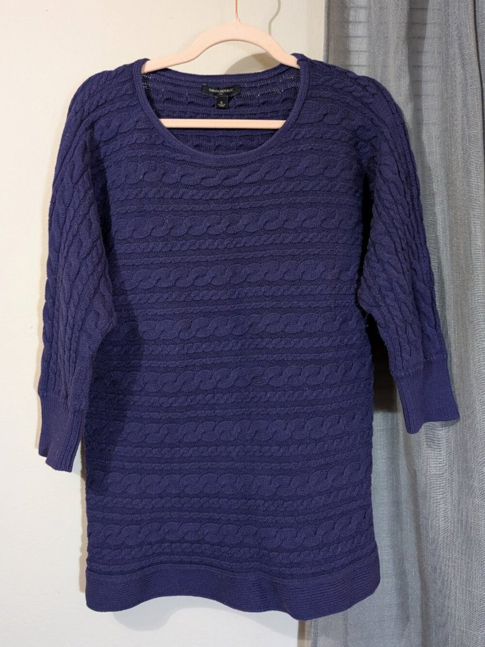 Banana Republic Boat Neck Purple Cable Knit Sweater 3/4 Sleeve Size XL